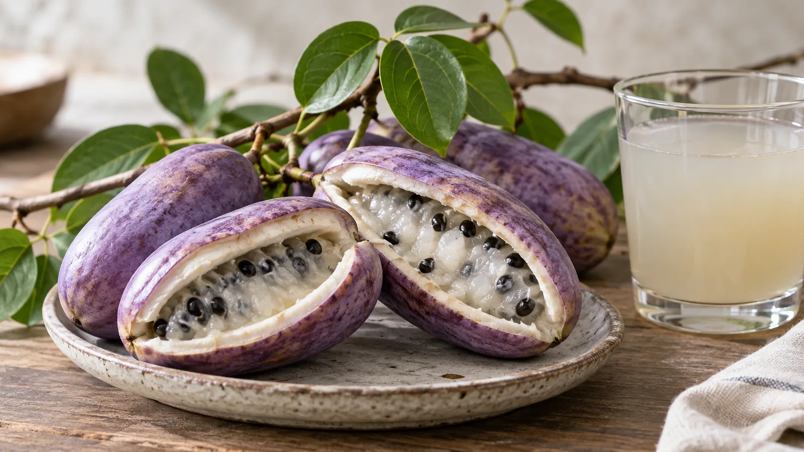 Eine aufgeschnittene violette Akebiafrucht mit weißem Fruchtfleisch und schwarzen Samen neben trübem Saft.