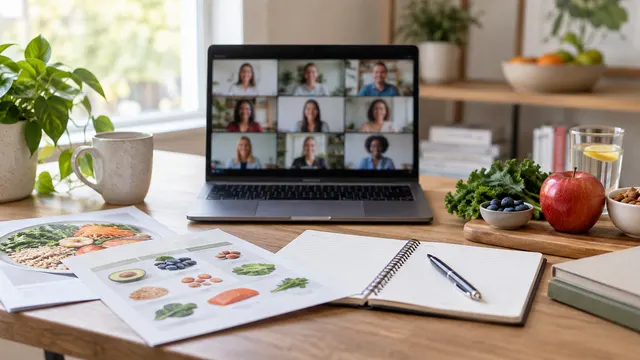 Un quaderno, un computer portatile e campioni alimentari su una scrivania per l'educazione nutrizionale.