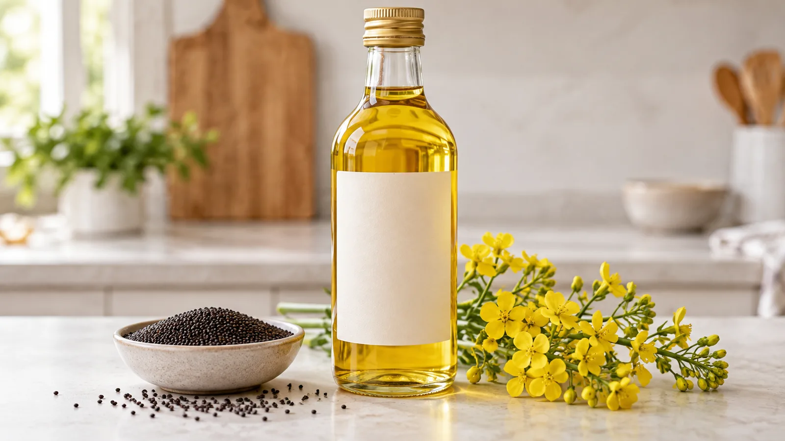 Canolaöl, schwarze Canolasamen und gelbe Blüten neben einem unbeschrifteten Flaschenetikett.
