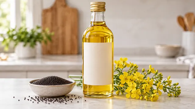 Olio di canola, semi neri di canola e fiori gialli accanto a un'etichetta di bottiglia vuota.