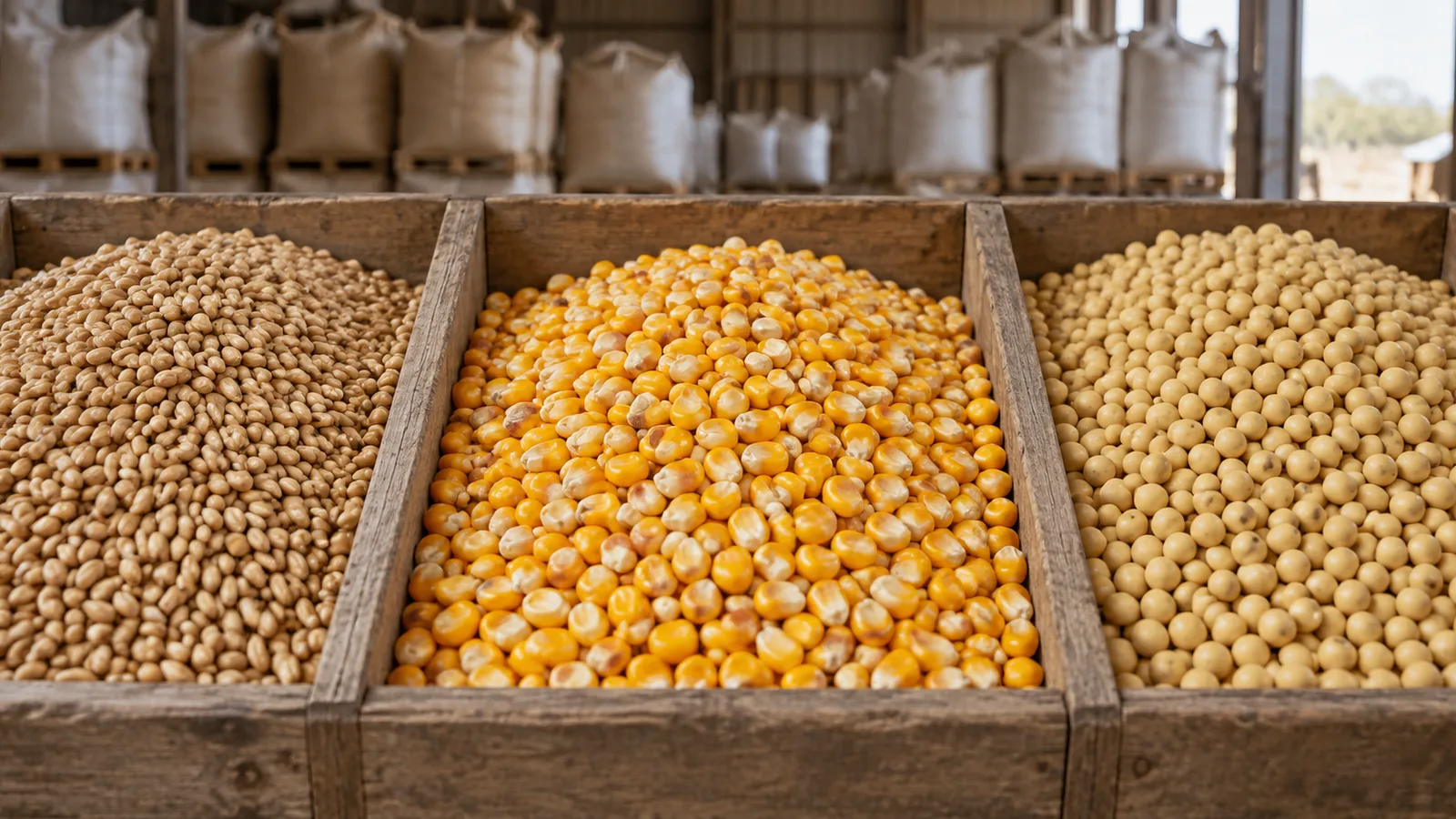 Contenitori separati di frumento, mais e soia in un magazzino di cereali.