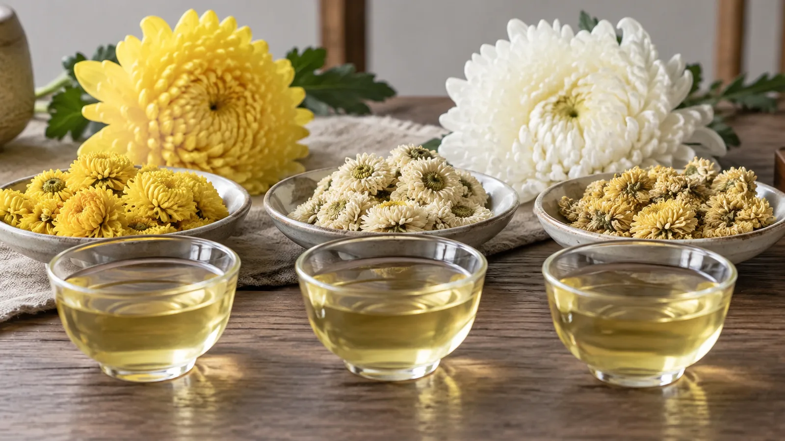 Getrocknete Chrysanthemenblüten und Tassen mit einem hellgoldenen Aufguss.
