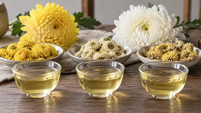 Fiori secchi di crisantemo e tazze di infuso dorato chiaro.
