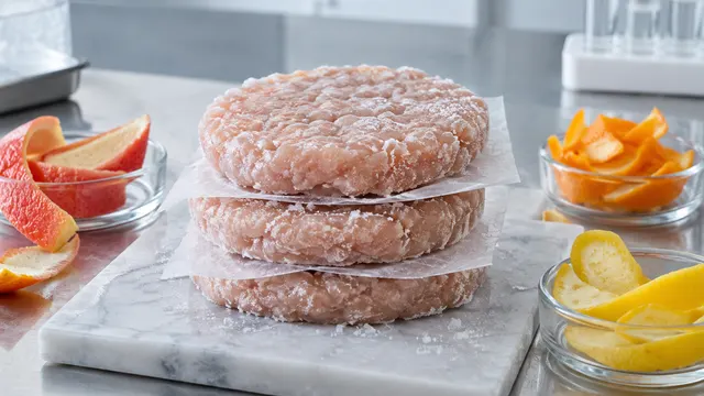 Hamburger di pollo crudi congelati, pellicola trasparente e campioni di scorze di agrumi.