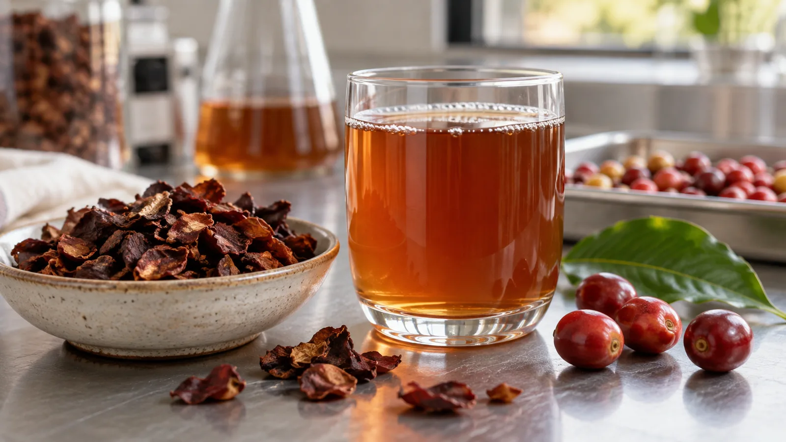 Kaffeekirschen, getrocknetes Kaffeefruchtfleisch und ein bernsteinfarbenes Getränk.