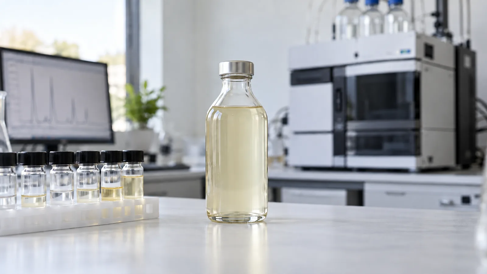 Eine Getränkeflasche und Chromatographie-Probenfläschchen auf einem Labortisch.