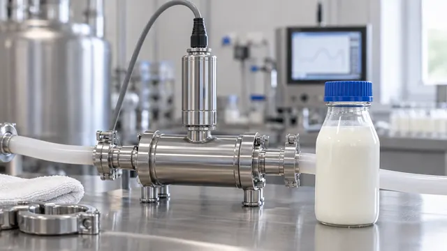 Un sensore per latticini e un campione di latte su un banco di laboratorio in acciaio inox.