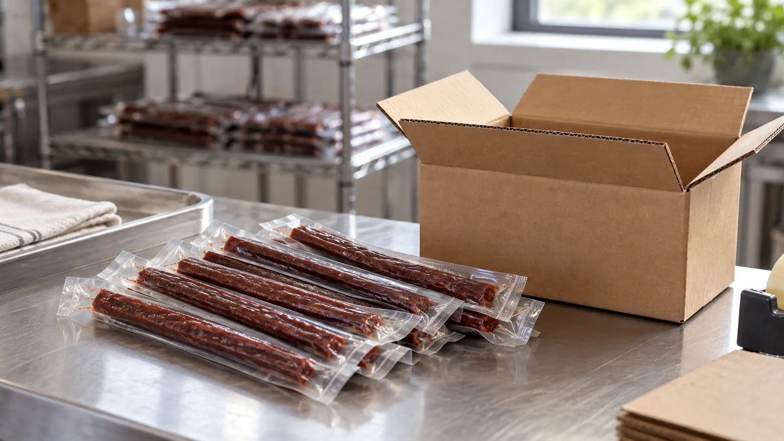 Palitos de carne para aperitivo envasados y una caja de envío sobre una mesa de embalaje.