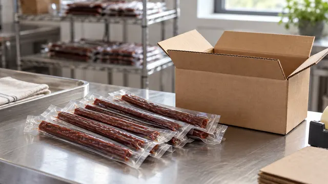 Bastoncini snack di carne sigillati e una scatola per la spedizione su un tavolo da imballaggio.