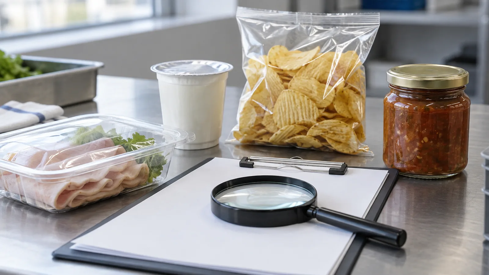 Alimentos envasados y un portapapeles sobre una mesa de inspección alimentaria.