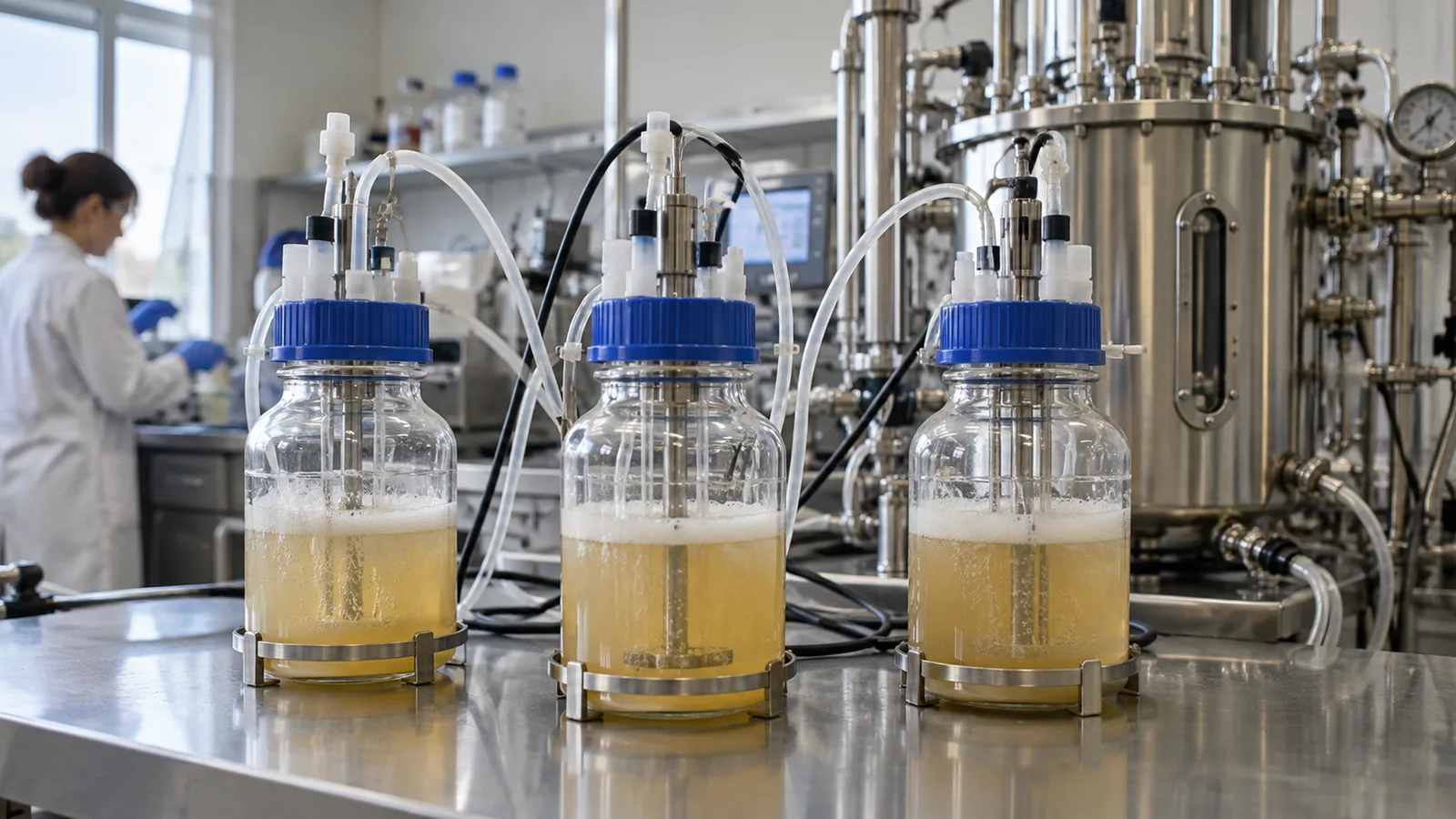 Labor-Fermentationsgefäße neben einem Edelstahlbioreaktor im Pilotmaßstab.