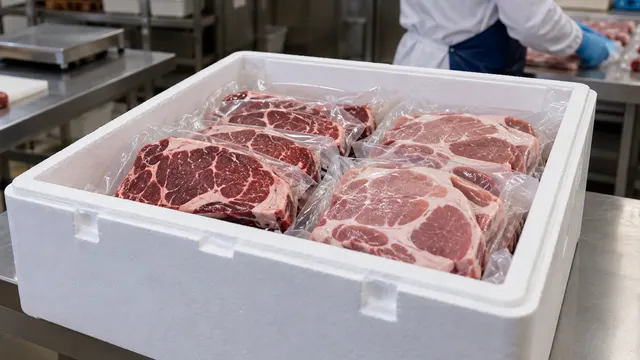 Tagli di bovino e suino sottovuoto disposti in una cassa di spedizione termoisolata.