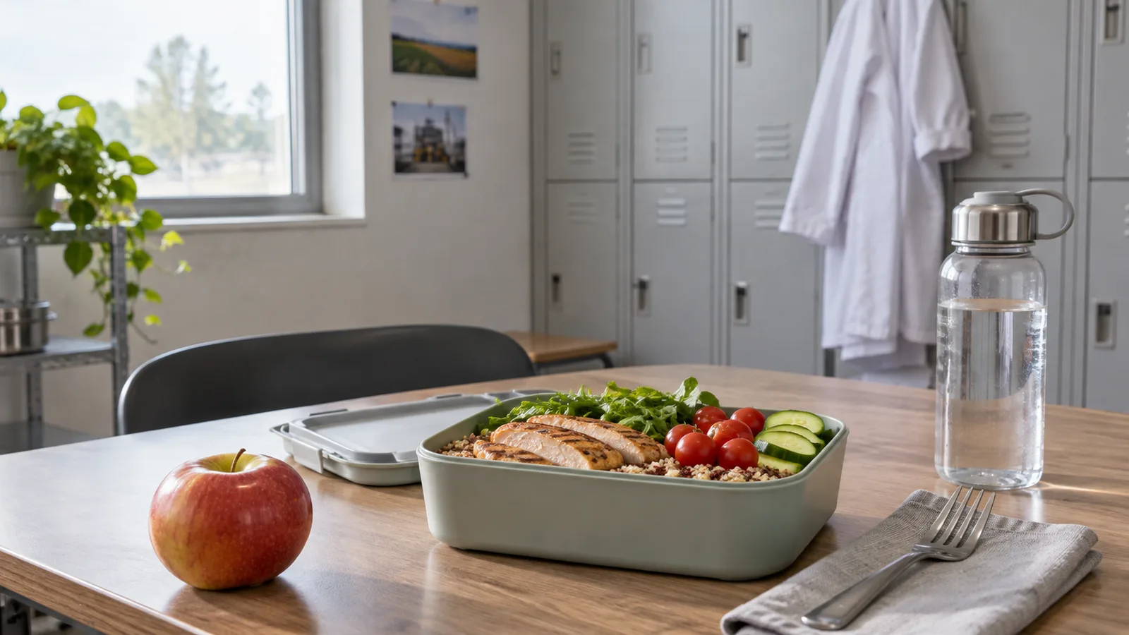 Un almuerzo preparado y agua sobre una mesa en la sala de descanso del personal de una fábrica.