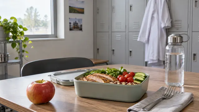 Un pranzo al sacco e acqua su un tavolo nella sala pausa di una fabbrica.