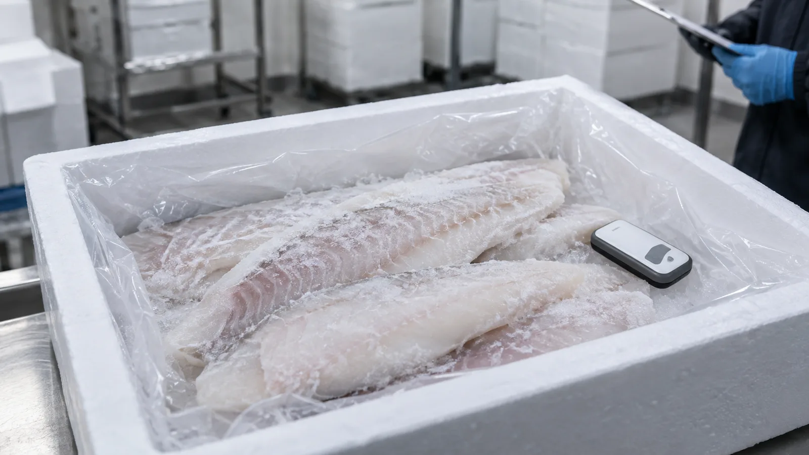Filetes de pescado congelados y un registrador de temperatura en una zona de inspección de la cadena de frío.