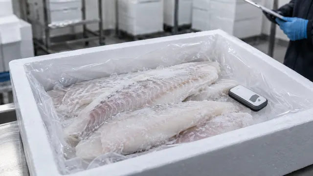 Filetti di pesce congelati e un registratore di temperatura in un'area di controllo della catena del freddo.
