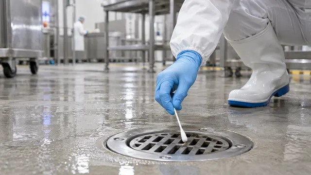 Una mano guantata preleva un campione da uno scarico a pavimento in acciaio inox con un tampone sterile.