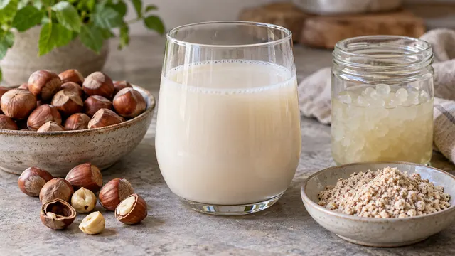 Nocciole, panello di nocciole, granuli di kefir d'acqua e una bevanda chiara.