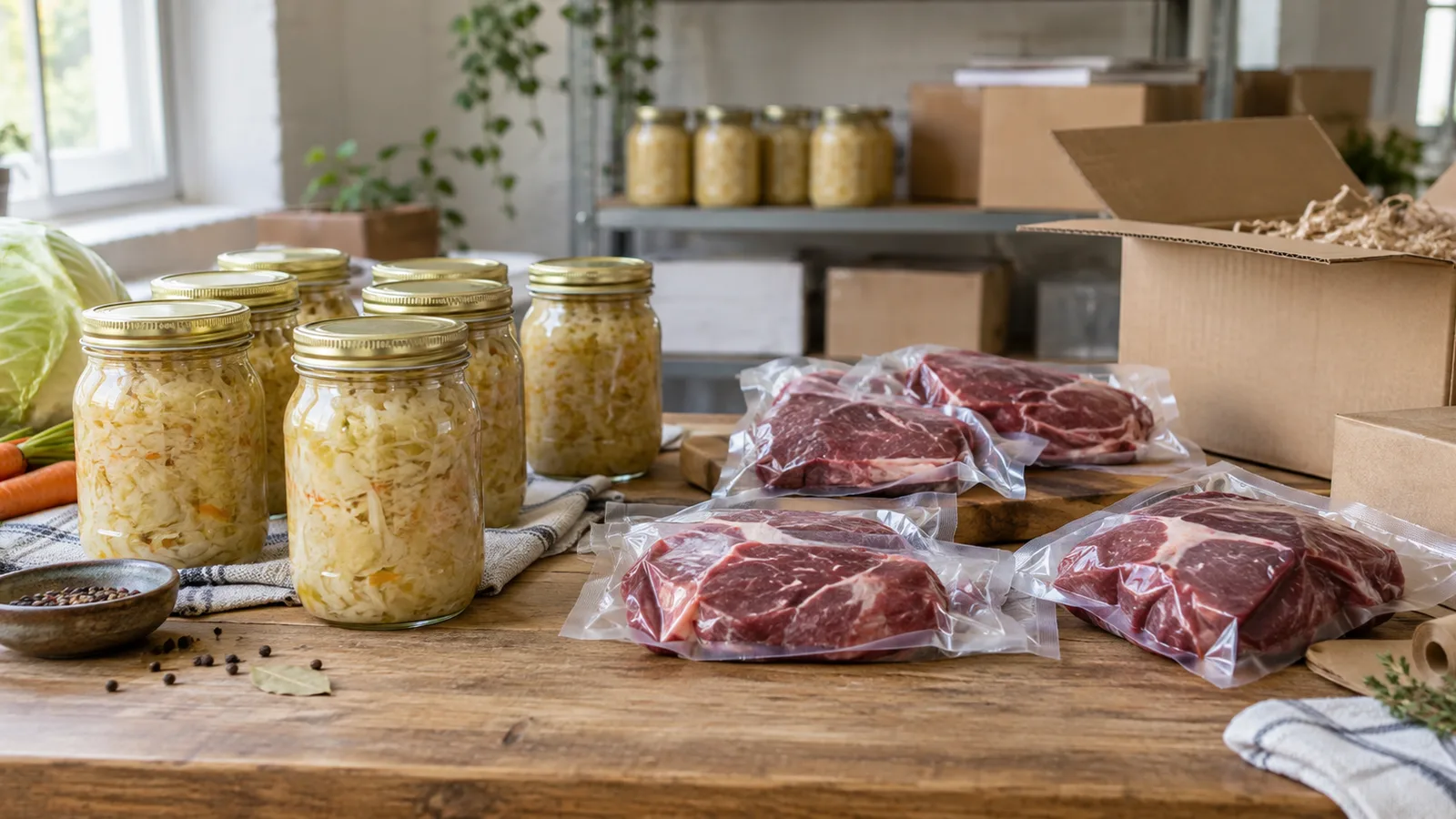 Barattoli di crauti e porzioni di carne sottovuoto su un tavolo da imballaggio.