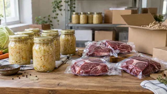 Barattoli di crauti e porzioni di carne sottovuoto su un tavolo da imballaggio.