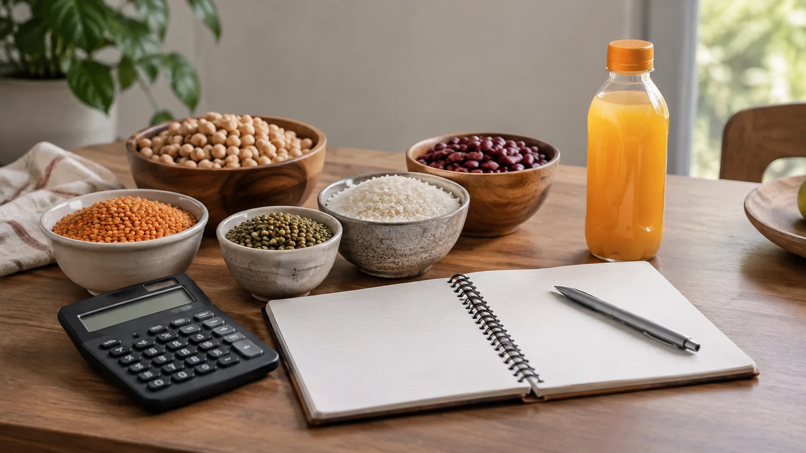 Riso, legumi, una bevanda e una calcolatrice su una scrivania dedicata alle politiche alimentari.