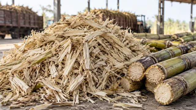 Bagassa fibrosa di canna da zucchero accanto a steli di canna tagliati.
