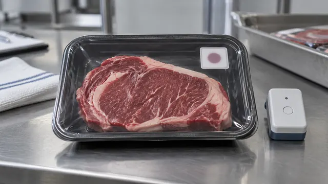 Vaschetta sigillata di carne bovina con un indicatore e un registratore di temperatura della catena del freddo.