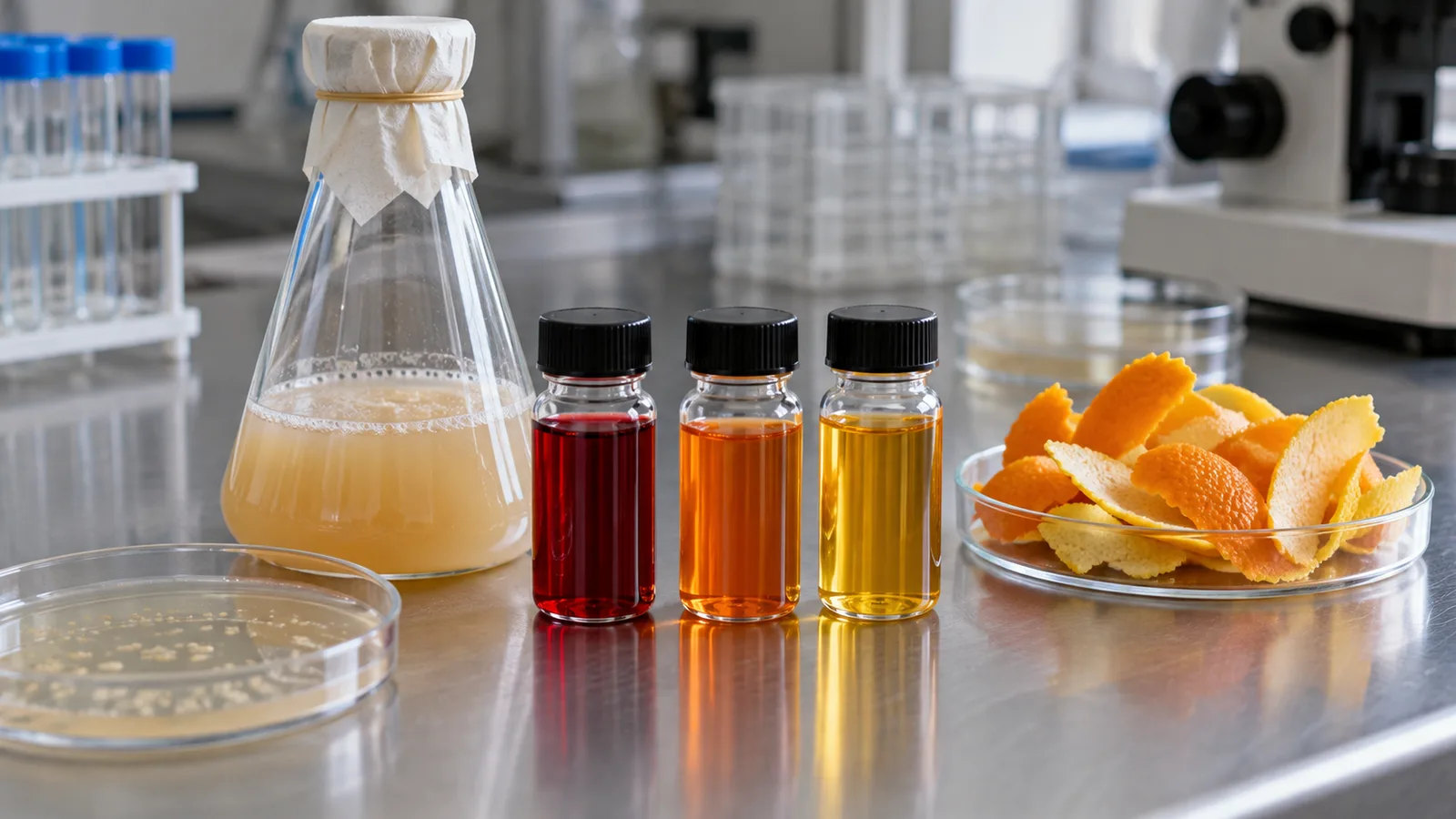Farbige Pigmentproben, ein Fermentationskolben und Zitrusschalen als Ausgangsmaterial.