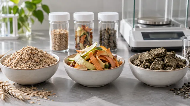 Campioni di sottoprodotti alimentari e fiale sigillate accanto a una bilancia analitica.