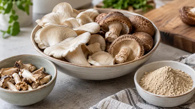 Funghi commestibili, gambi tagliati e un piatto di polvere di funghi.