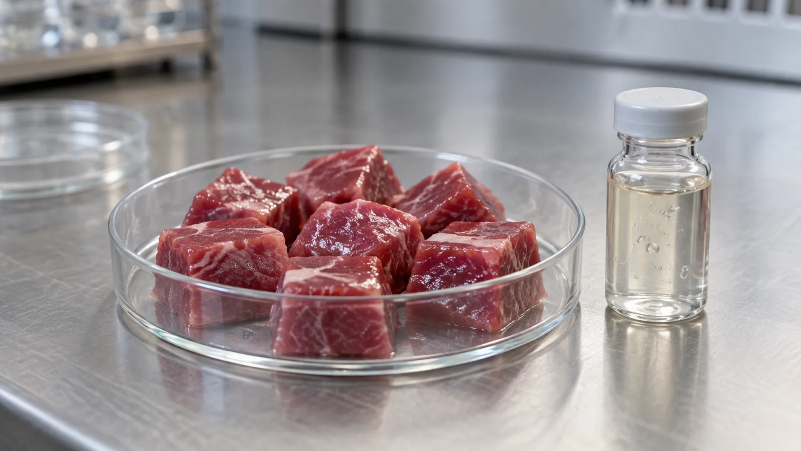 Cubetti di carne ovina cruda e una fiala di soluzione trasparente per rivestimento su un banco per campioni.