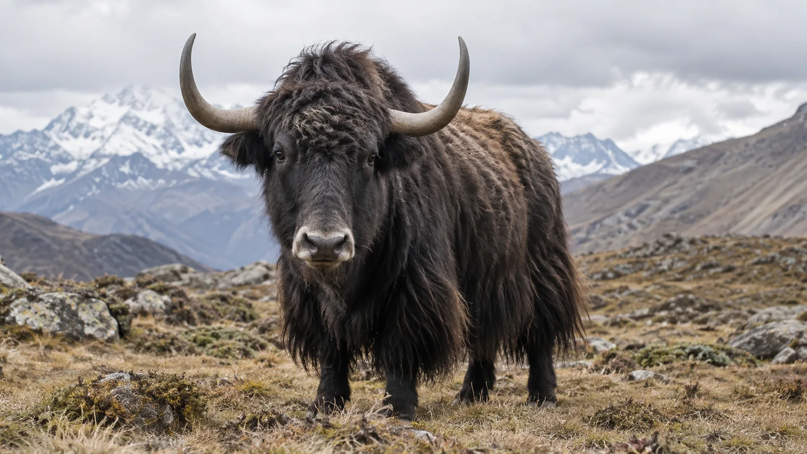 Ein zotteliger Yak auf einer Hochlandweide.