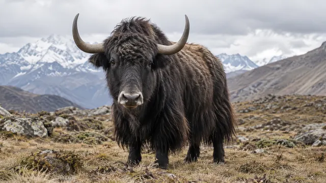 Uno yak dal pelo lungo in un pascolo d'alta quota.