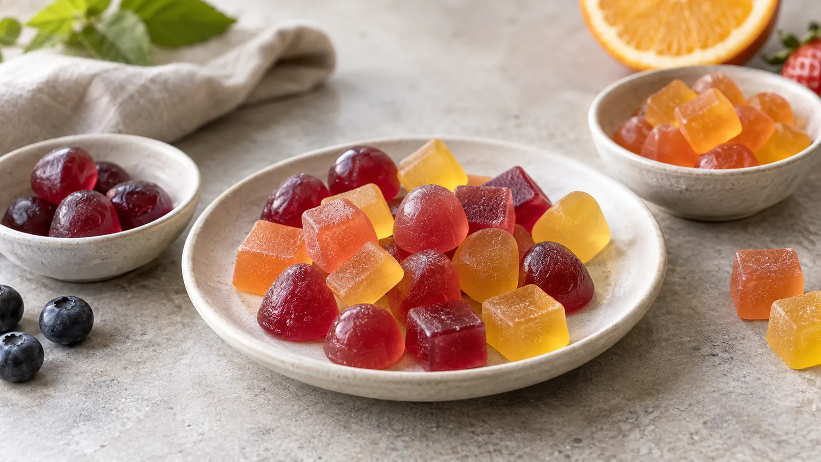 Muestras de golosinas de goma de frutas de distintos colores en platos pequeños.