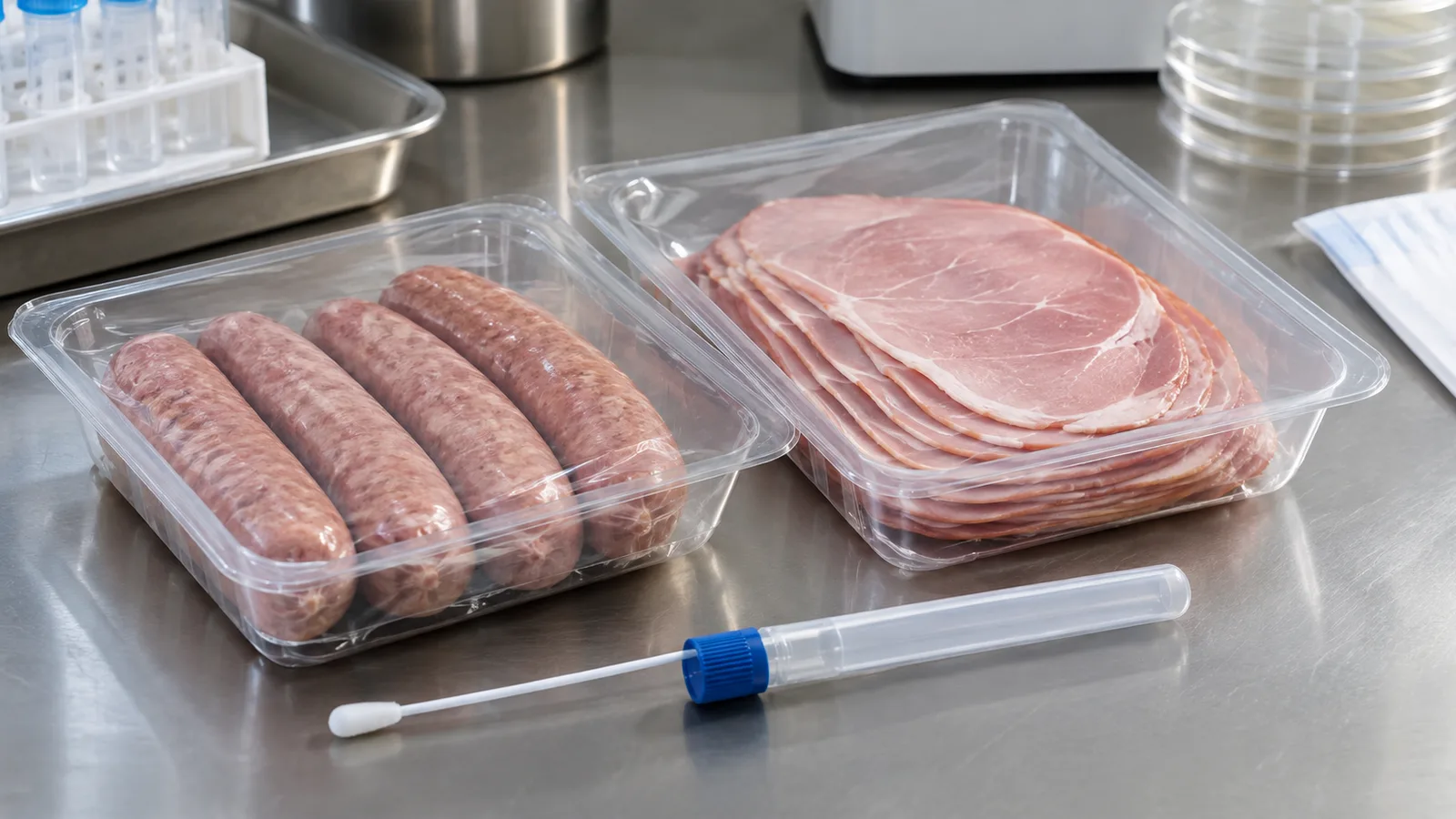 Campioni sigillati di salsiccia e prosciutto affettato accanto a materiale sterile per il campionamento.