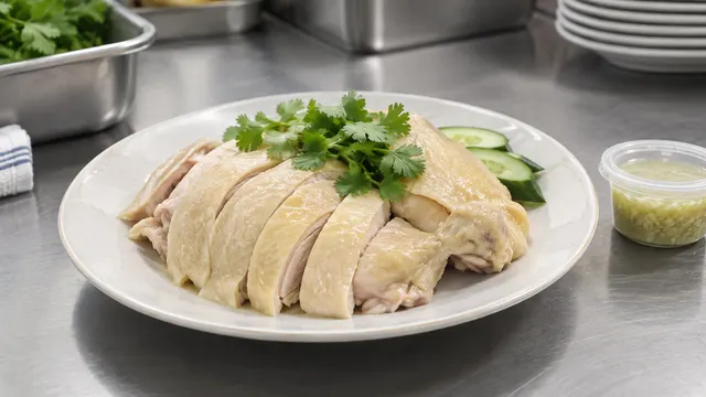 Pezzi chiari di pollo cotto in acqua a bassa temperatura su un piano per la preparazione degli alimenti.