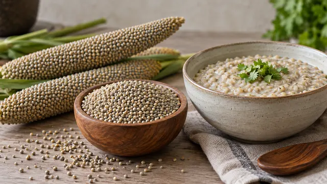 Spighe e chicchi di miglio perlato e una ciotola di porridge cotto.