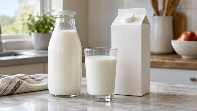 Latte in una bottiglia di vetro riutilizzabile accanto a un cartone senza marchi e a un bicchiere.