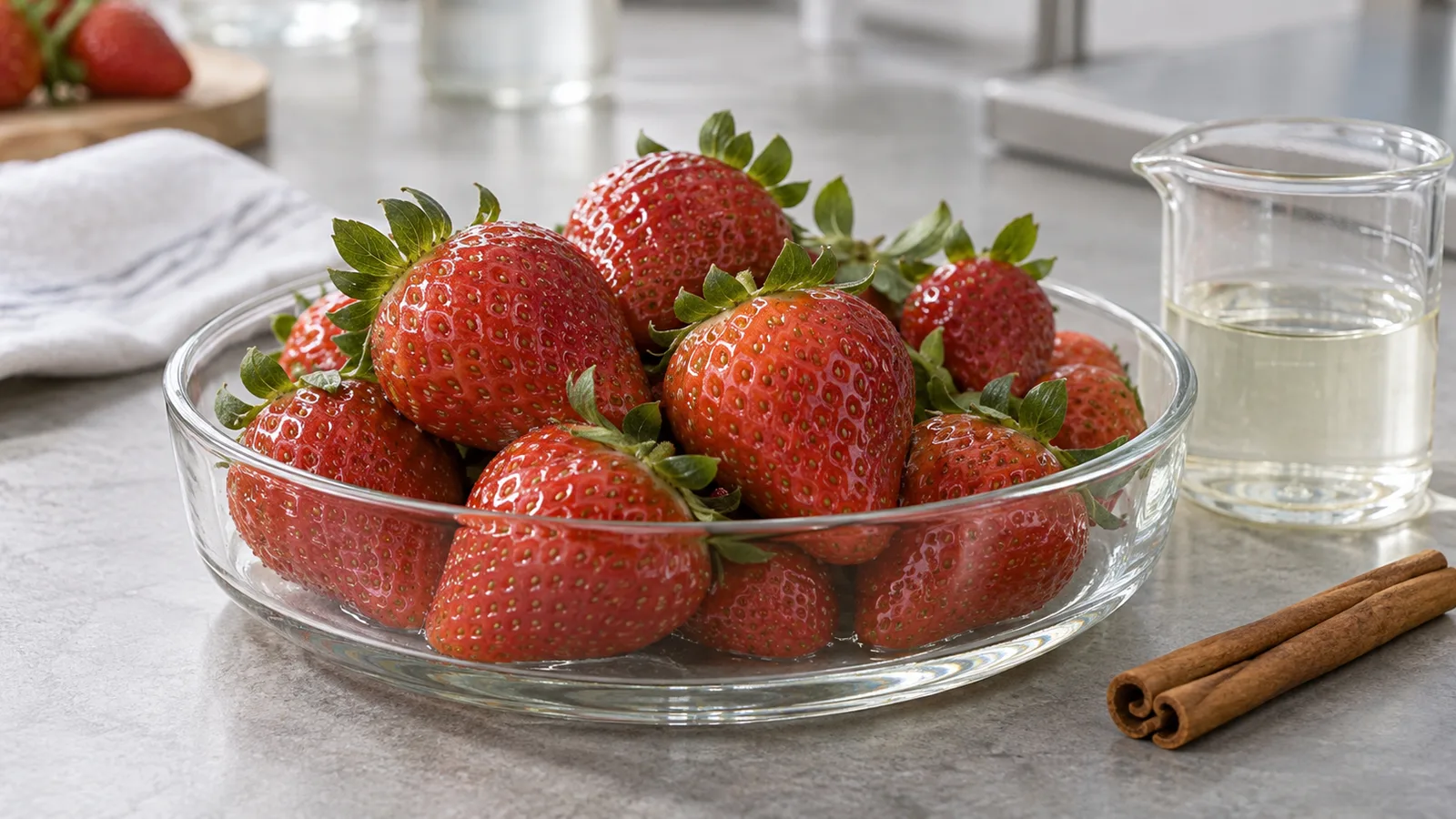 Fragole, una soluzione trasparente per rivestimento e bastoncini di cannella su un banco di laboratorio.