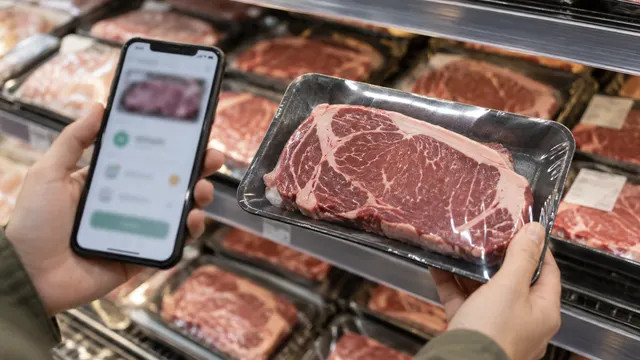 Una vaschetta di carne confezionata accanto a uno smartphone in un espositore refrigerato di un negozio.