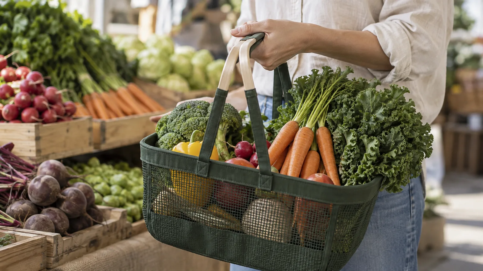 Verdure di stagione in un cestino riutilizzabile in un mercato ortofrutticolo.