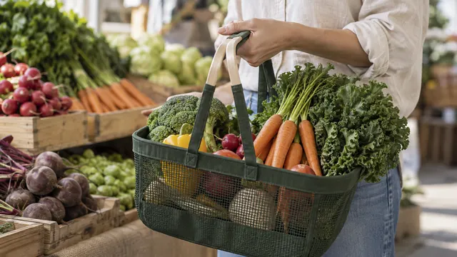 Verdure di stagione in un cestino riutilizzabile in un mercato ortofrutticolo.