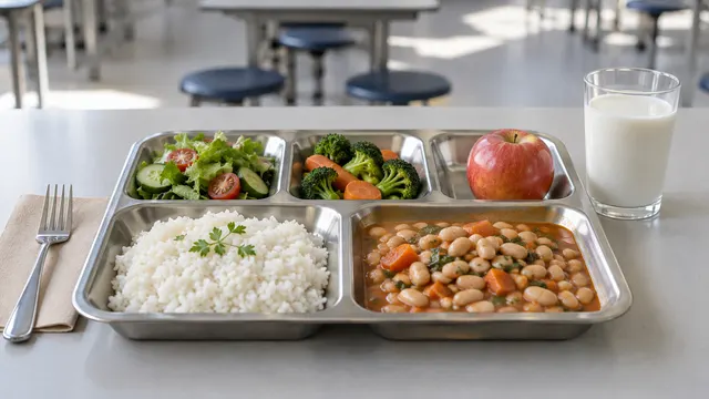 Un vassoio di mensa scolastica con riso, stufato di fagioli, verdure e latte.