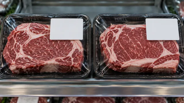 Vaschette di bistecche bovine con etichette semplici in un espositore refrigerato.