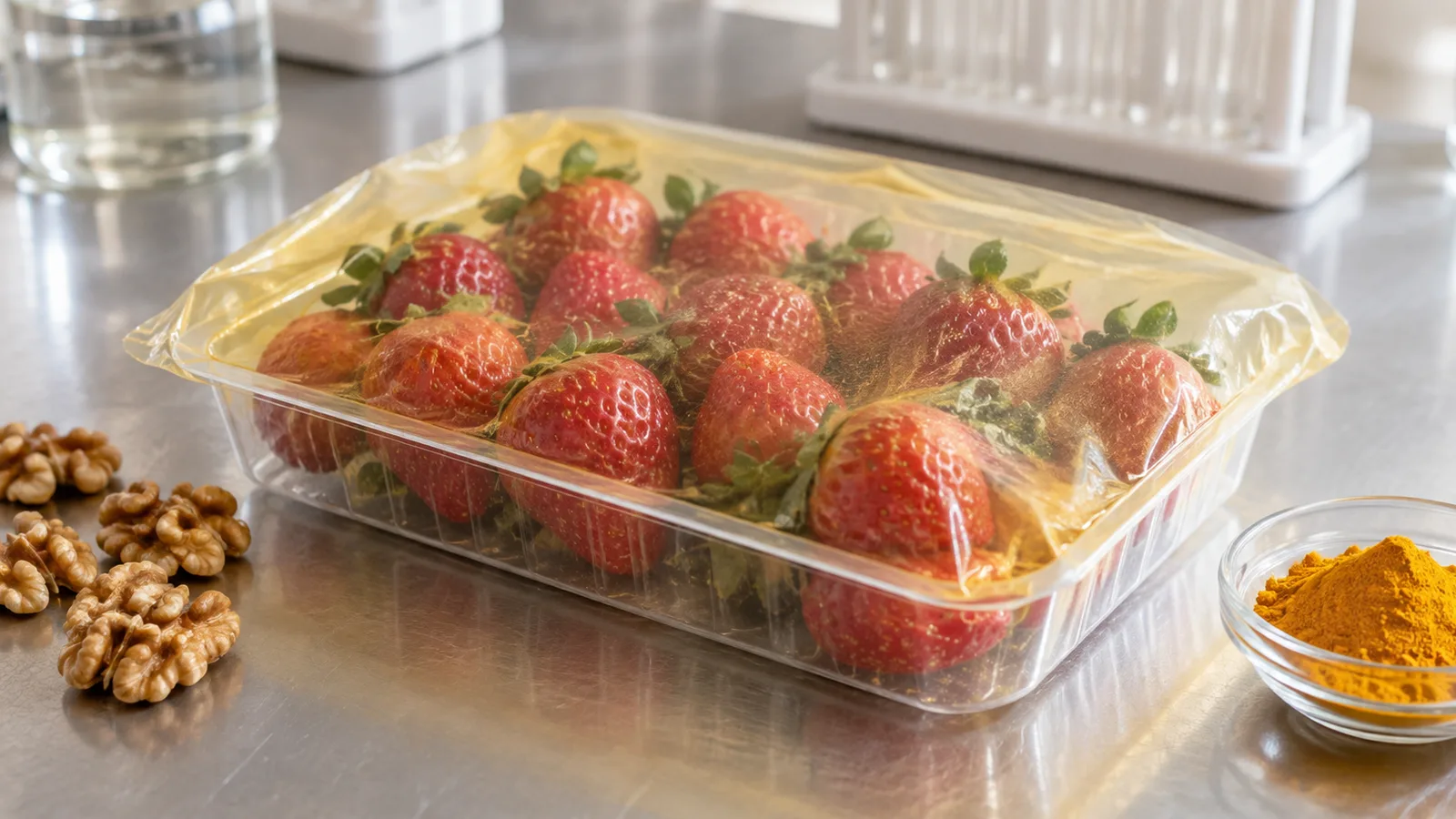 Erdbeeren unter einer blassgelben Folie, mit Walnüssen und Kurkuma neben der Schale.