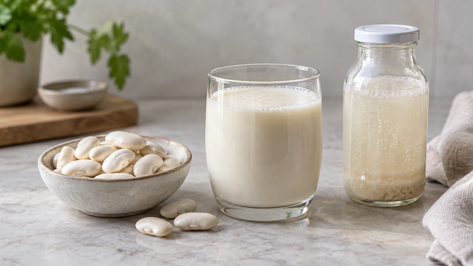 Weiße Kidneybohnen und ein cremiges Bohnengetränk neben einer Flasche mit einer Fermentationsprobe.