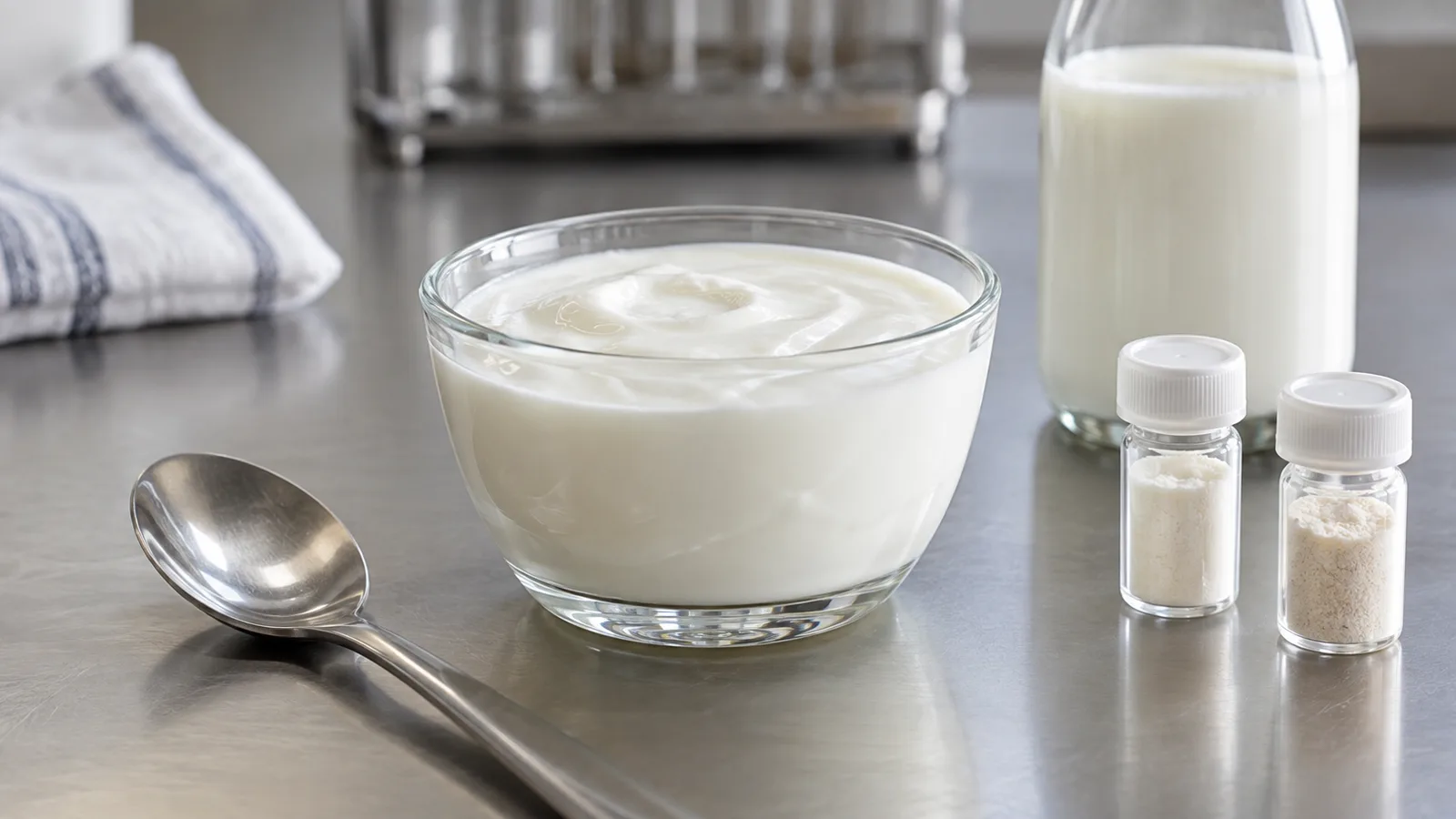 Naturjoghurt und versiegelte Fläschchen mit Starterkulturen auf einem Probentisch für Milchprodukte.