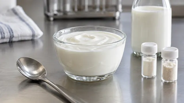 Yogurt bianco e fiale sigillate di colture starter su un banco per il campionamento dei latticini.